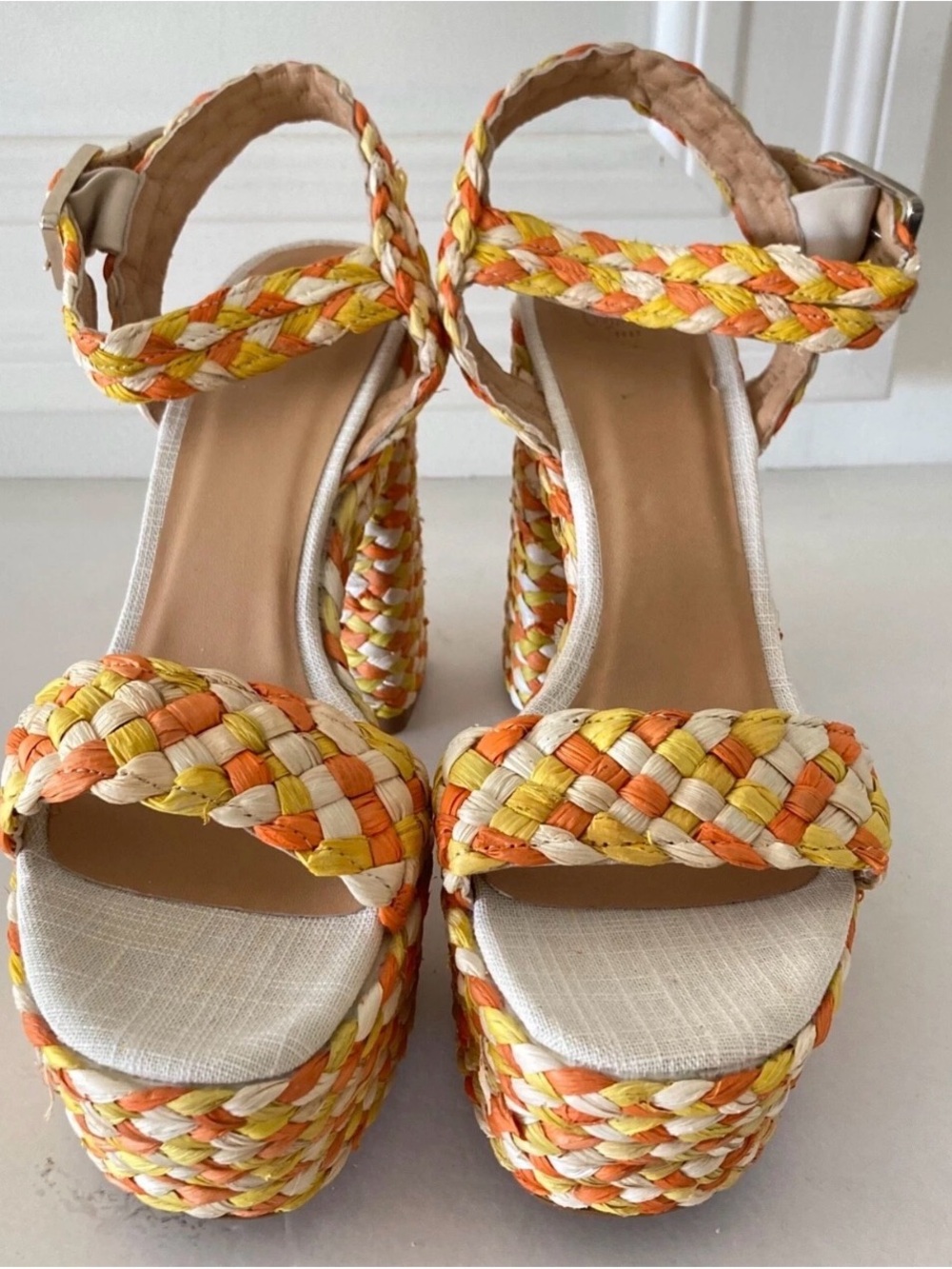 Castaner Adara Anthro Braided Raffia Platform Heels Yellow & Orange Sz 37